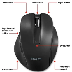 Clearance Staples TECH Wireless Ergonomic Curved Optical USB Mouse, Black (ST62599)