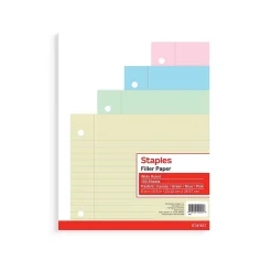 Filler Paper|Staples Wide Ruled Filler Paper, 8" x 10.5", Assorted Colors, 100 Sheets/Pack (TR41637)