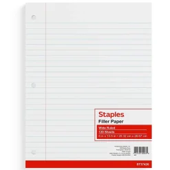 Filler Paper|Staples ® Wide Ruled Filler Paper, 8" x 10.5", White, 120 Sheets/Pack (ST37426D)