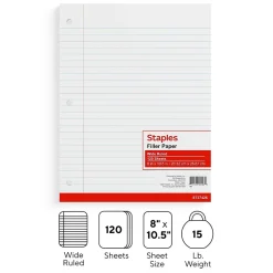 Filler Paper|Staples ® Wide Ruled Filler Paper, 8" x 10.5", White, 120 Sheets/Pack (ST37426D)