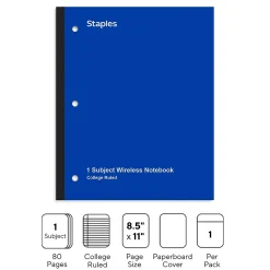 Subject Notebooks|Staples Wireless 1-Subject Notebook, 8.5" x 11", College Ruled, 80 Sheets, (TR58378) Blue