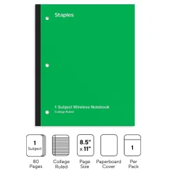 Subject Notebooks|Staples Wireless 1-Subject Notebook, 8.5" x 11", College Ruled, 80 Sheets, (ST58380C) Green