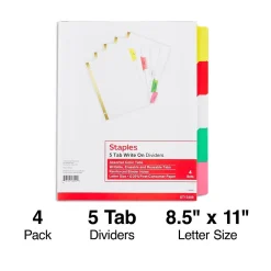 Dividers|Staples Write-On Dividers, 5-Tab, Assorted Colors, 4/Pack (13509/23176)