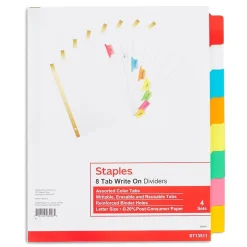 Dividers|Staples Write-On Dividers, 8-Tab, Assorted Color s, 4/Pack (13511/23179)