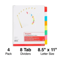 Dividers|Staples Write-On Dividers, 8-Tab, Assorted Color s, 4/Pack (13511/23179)