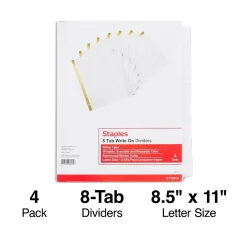 Dividers|Staples Write-On Write & Erase Paper Divider, 8 Tabs, White/White Tabs, 4 Sets (13510/23178)