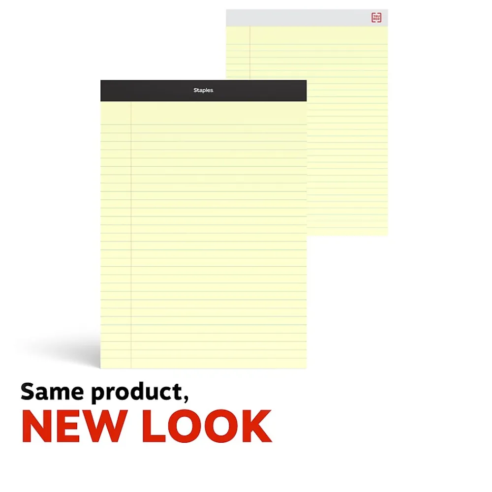 Notepads|Staples Writing Pad, 8.5" x 11.75", Wide Ruled, Canary, 50 Sheets/Pad (40066)