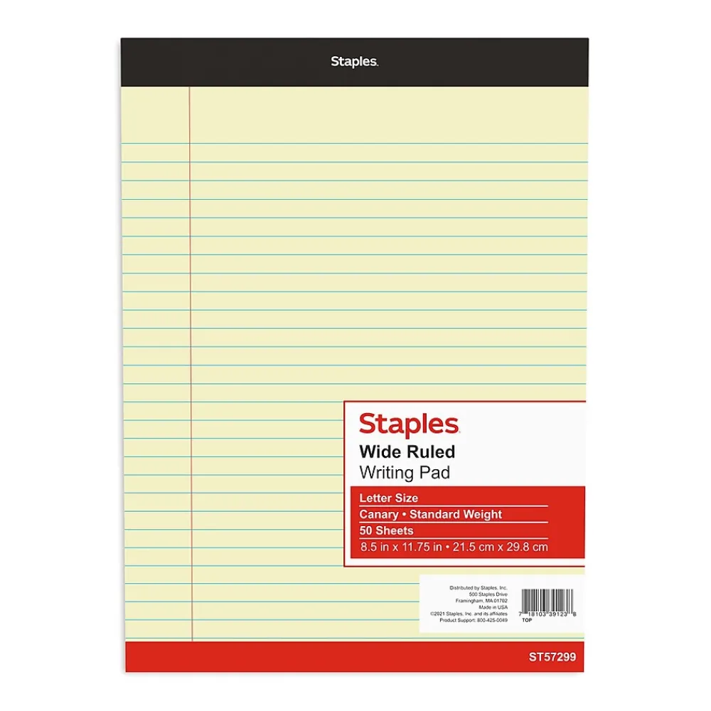Notepads|Staples Writing Pad, 8.5" x 11.75", Wide Ruled, Canary, 50 Sheets/Pad (40066)