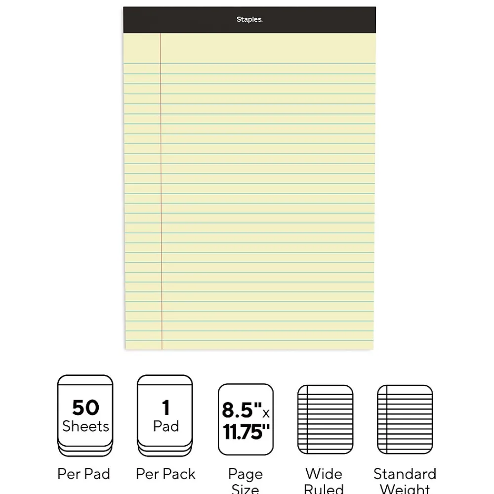 Notepads|Staples Writing Pad, 8.5" x 11.75", Wide Ruled, Canary, 50 Sheets/Pad (40066)
