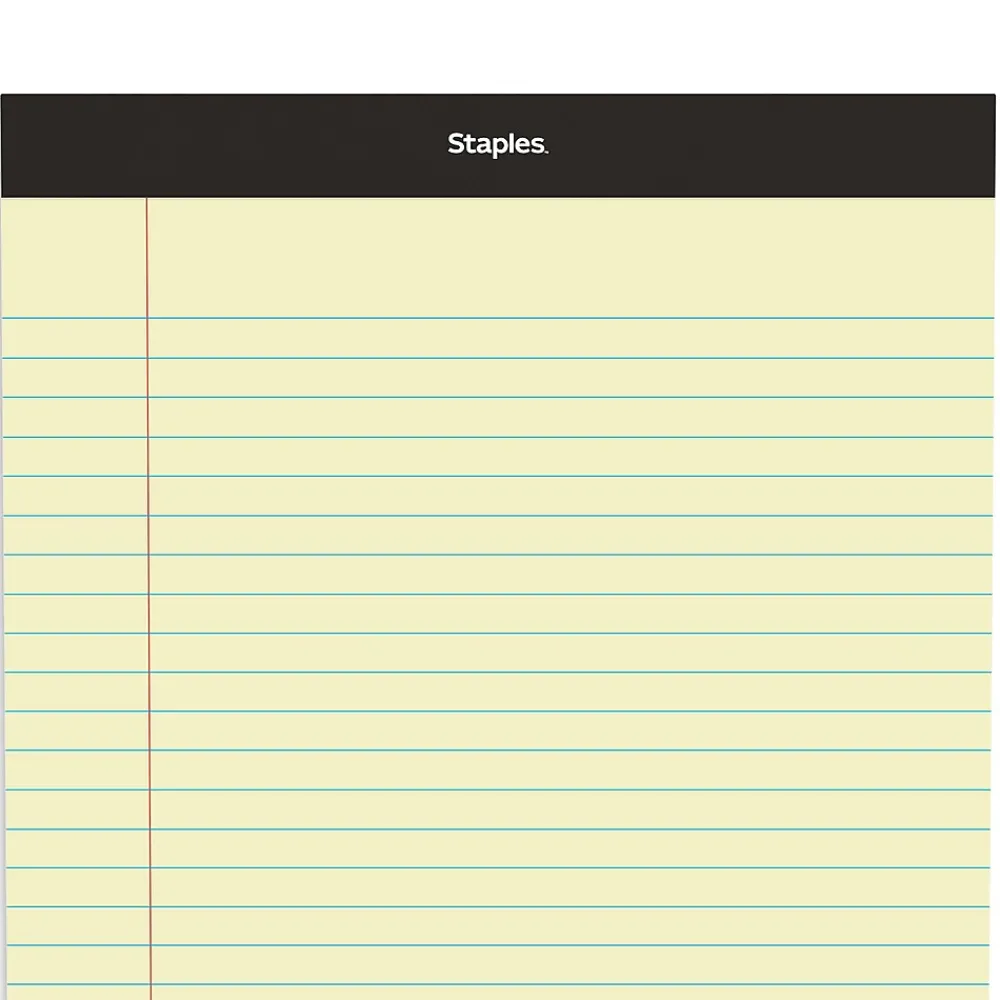 Notepads|Staples Writing Pad, 8.5" x 11.75", Wide Ruled, Canary, 50 Sheets/Pad (40066)