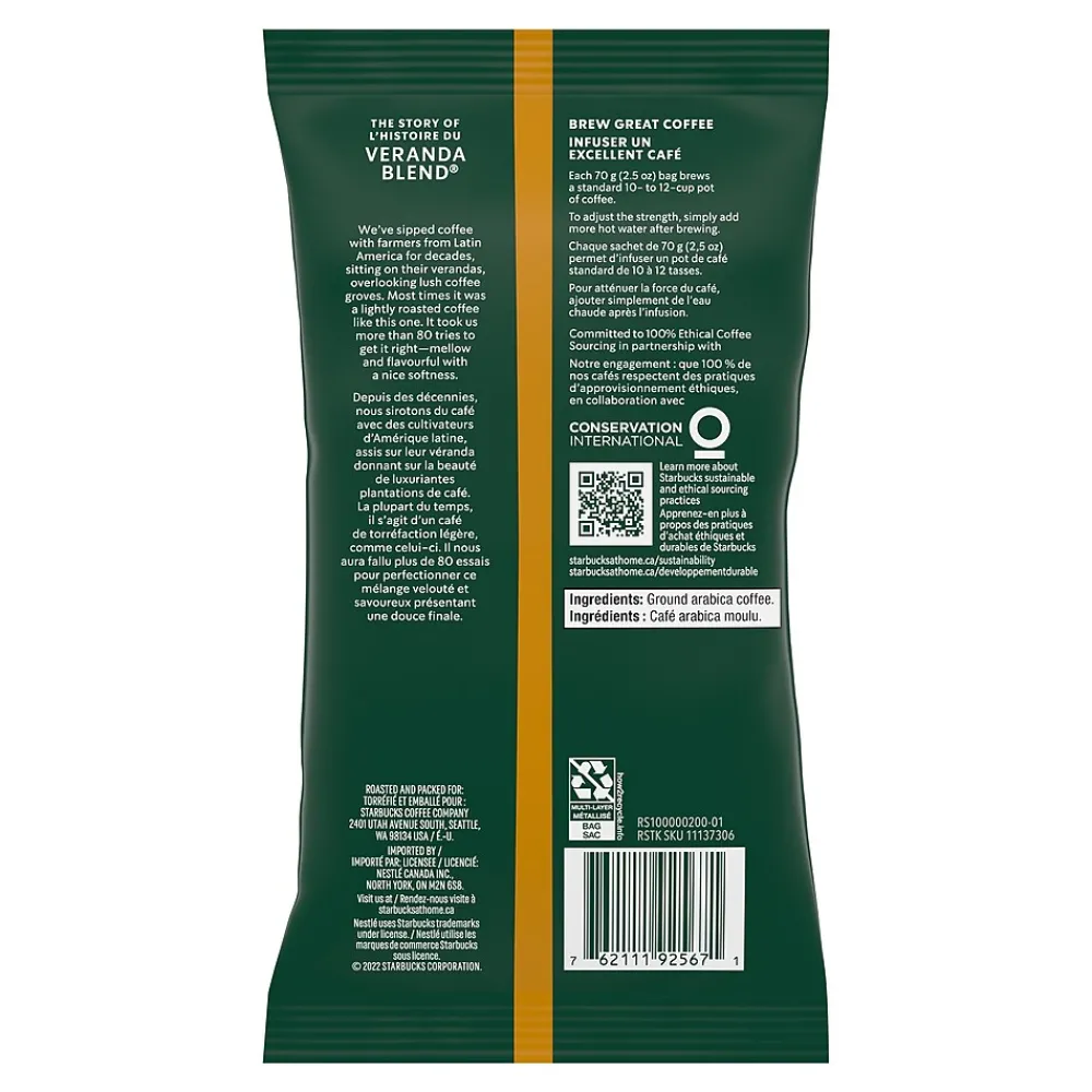 Starbucks Veranda Blend Ground Coffee, Blonde Roast, 2.5 oz., 18/Box (11020676)
