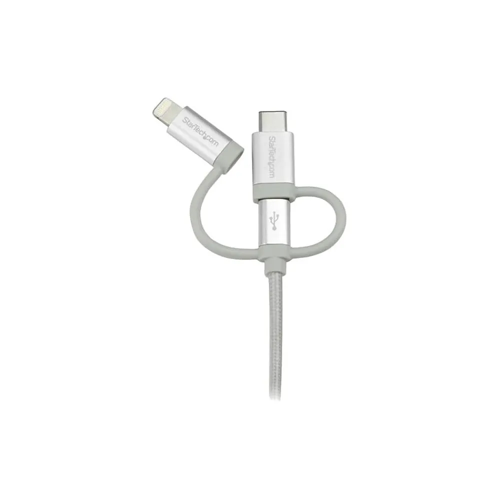 StarTech 1m 3 ft USB Multi Charger Cable, Braided, Silver, 3 in 1 Charging Cable, USB to Lightning Cable, USB to Micro USB Cable