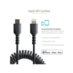 USB-C to Lightning MFi Certified Coiled iPhone Charger Cable, 3 ft., Black (RUSB2CLT1MBC)<StarTech