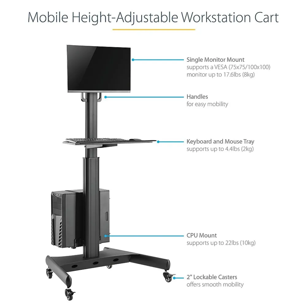 Hot StarTech .com Adjustable Mobile Workstation Cart with Monitor Mount, 50.4" to 63", Black (WKSTNCART)