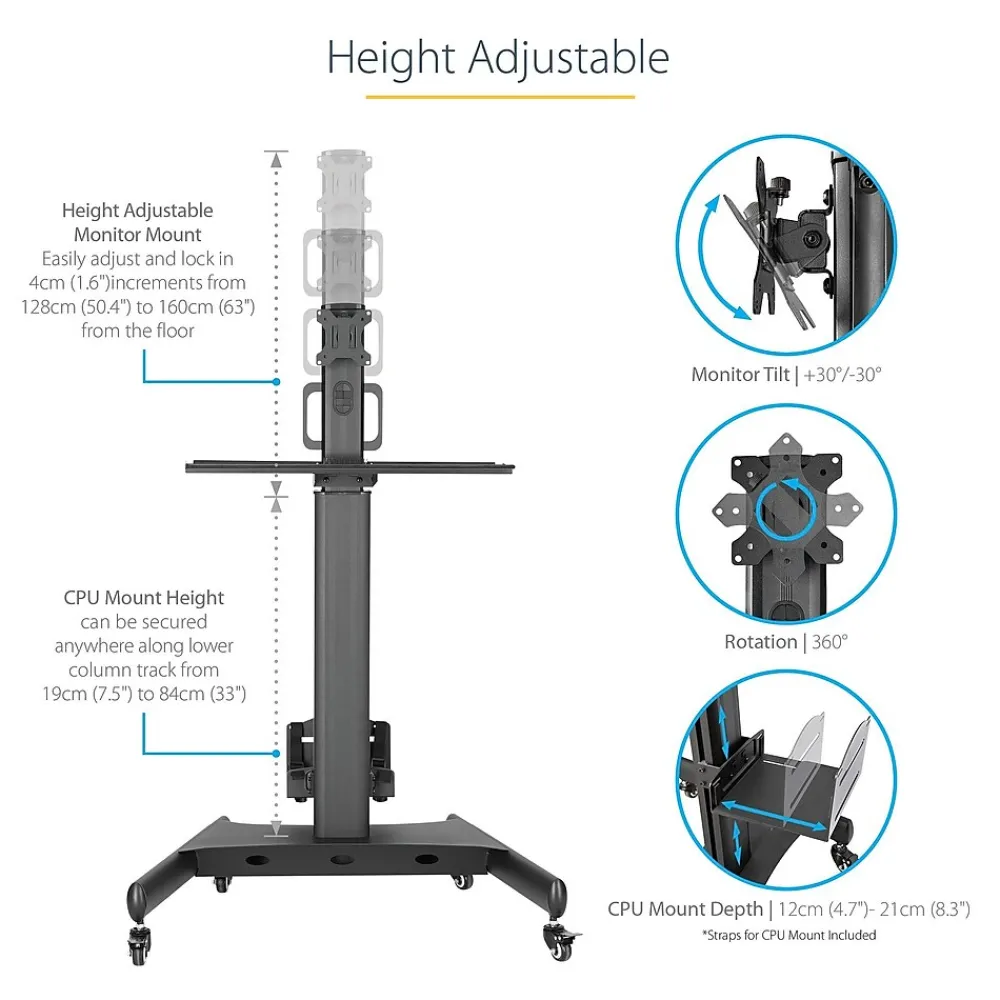 Hot StarTech .com Adjustable Mobile Workstation Cart with Monitor Mount, 50.4" to 63", Black (WKSTNCART)