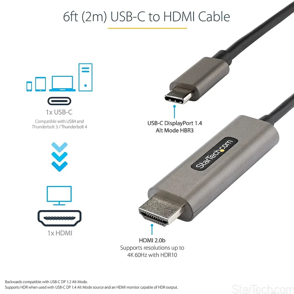 StarTech .com 6.6ft USB-C to HDMI Cable Adapter, 4K 60Hz Audio/Video Cord, Male to Male, Black (CDP2HDMM2MH)