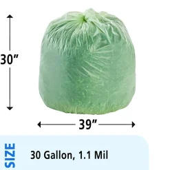EcoSafe-6400 30 Gallon Compostable Industrial Trash Bag, 30" x 39", Low Density, 1.1 mil, Green, 48 Bags/Box, 4 Rolls<Stout Sale