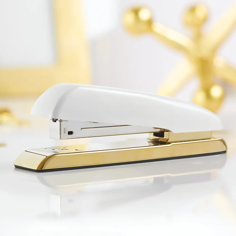Staplers|Swingline Durable Desktop Stapler, 20-Sheet Capacity, White/Gold (64701)