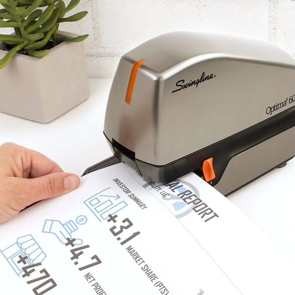 Staplers|Swingline Optima 60 Electric Desktop Stapler, 60-Sheet Capacity, Staples Included, Gray/Silver (48210)