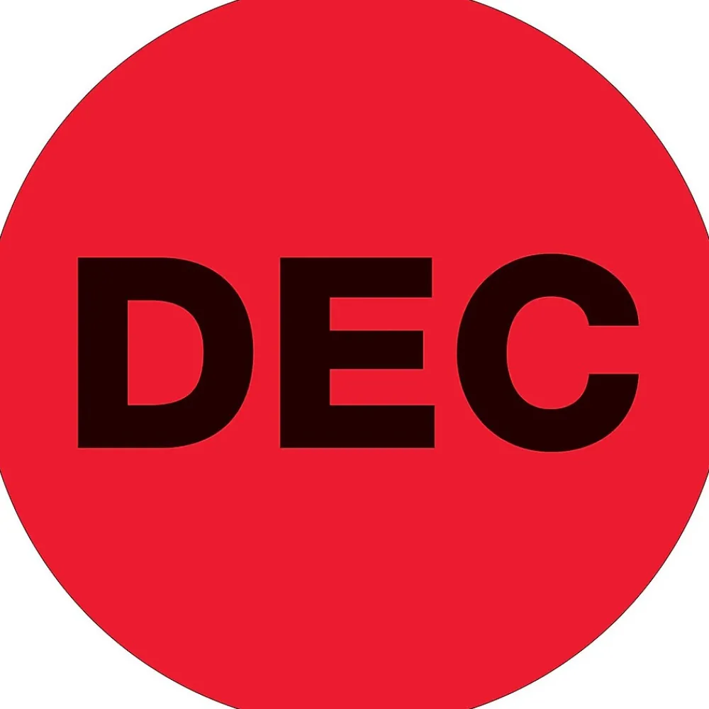 Labels|Tape Logic 1" Circle "DEC" Month of the Year Labels, Fluorescent Red, 500/Roll
