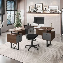 Corner Desks*Techni Mobili 59" L-Shaped Desk with Drawers and File Cabinet, Walnut/Black (RTA-4809DL-WAL)