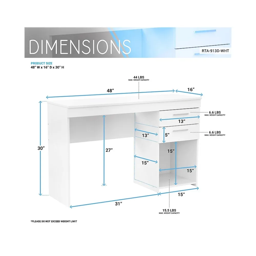 Office Desks*Techni Mobili 48" Writing Desk, White (RTA-913D-WHT)
