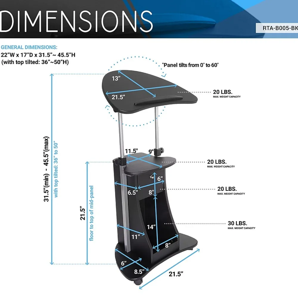 Standing Desks*Techni Mobili 22"W Manual Adjustable Standing Laptop Cart, (RTA-B005-BK46) Black