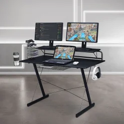 Corner Desks*Techni Sport Carbon Computer Gaming Desk with Shelving, Black (RTA-TS200-BK)