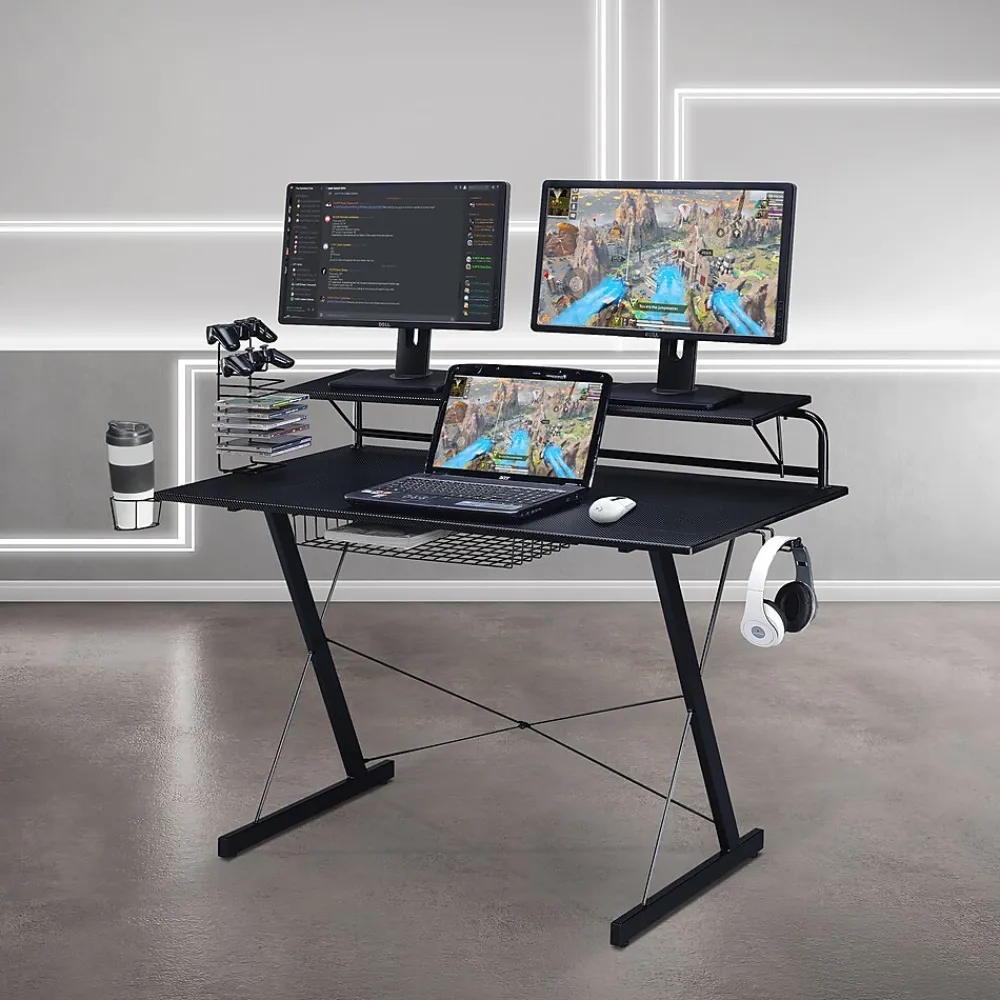 Corner Desks*Techni Sport Carbon Computer Gaming Desk with Shelving, Black (RTA-TS200-BK)