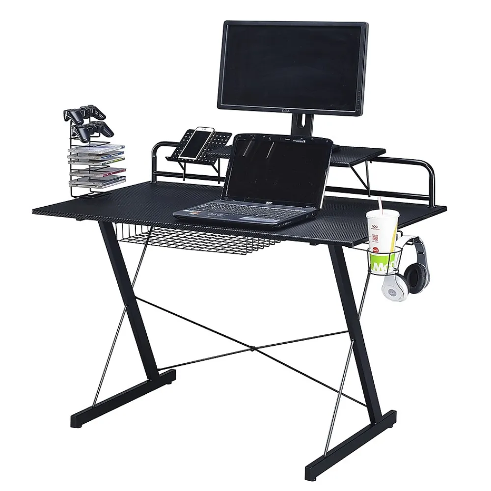 Corner Desks*Techni Sport Carbon Computer Gaming Desk with Shelving, Black (RTA-TS200-BK)