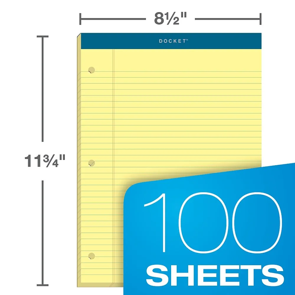 Notepads|TOPS Double Docket Writing Tablet, 8-1/2" x 11-3/4", College Ruled, Canary, 100 Sheets/Pad (63383)