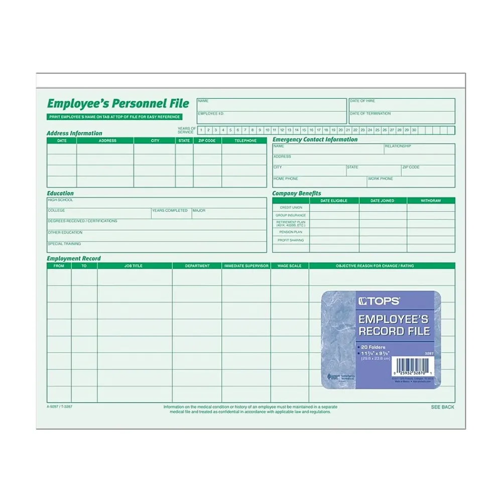 Hr Forms*TOPS Employee Record File Straight Cut, 20/Pack (TOP 3287)