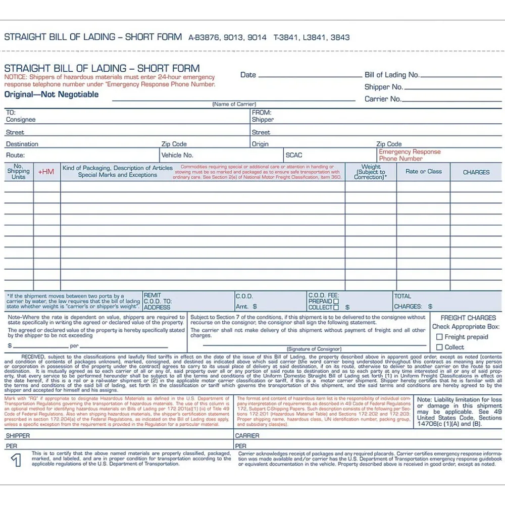 Business Forms*TOPS ® Snap-Off® Bill Of Lading, Short Forms, 4 Part, 8-1/2" x 7"