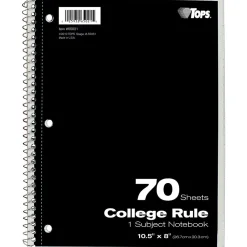 Subject Notebooks|TOPS 1-Subject Notebook, 8" x 10.5", College Ruled, 70 Sheets, Assorted Colors (TOP 65021)