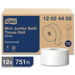Advanced Mini Jumbo Roll Bath Tissue, Septic Safe, 2-Ply, White, 3.48" x 751 ft, 12 Rolls/Carton (TRK12024402)<Tork Outlet