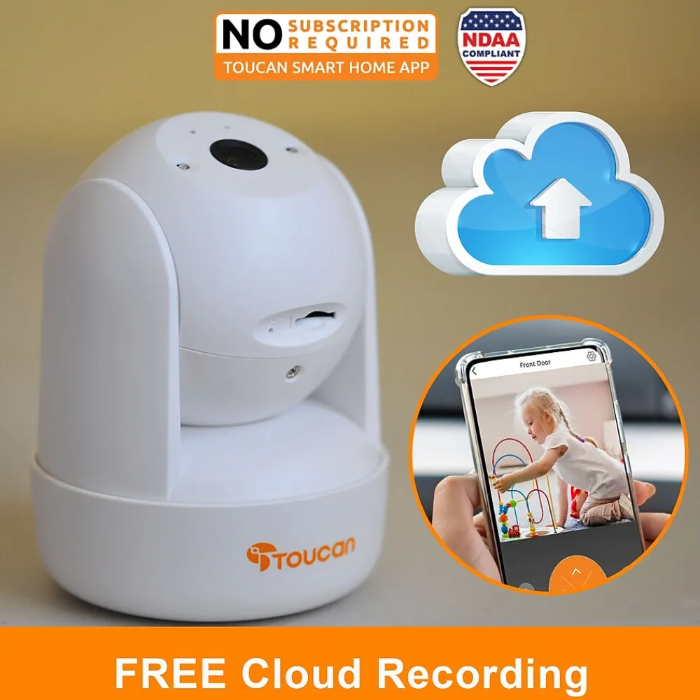 Toucan Seek Wireless Indoor Smart Plug-In Pan and Tilt Security Camera Wi-Fi Night Vision 2-Way Talk Live View, White