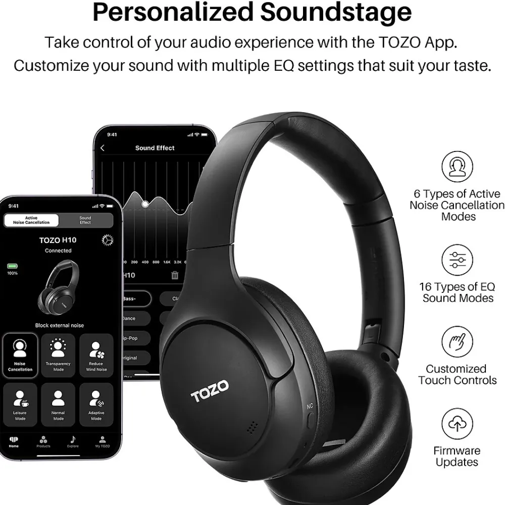 H10 Wireless Noise Cancelling Over-Ear Headphones, Bluetooth, Black (H10BLK)<TOZO Sale