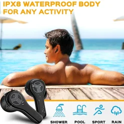 WX8 True Wireless IPX8 Waterproof Earbuds, Bluetooth, Black<Treblab