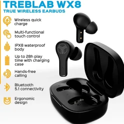 WX8 True Wireless IPX8 Waterproof Earbuds, Bluetooth, Black<Treblab