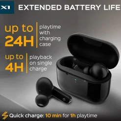 X1 True Wireless Earbuds, Waterproof IPX4, Bluetooth, Black<Treblab Hot