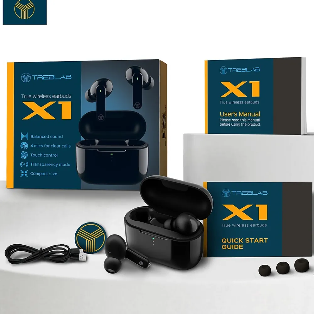 X1 True Wireless Earbuds, Waterproof IPX4, Bluetooth, Black<Treblab Hot