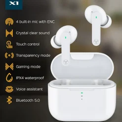 X1-W True Wireless Earbuds, IPX4 Waterproof, Bluetooth, White<Treblab Online