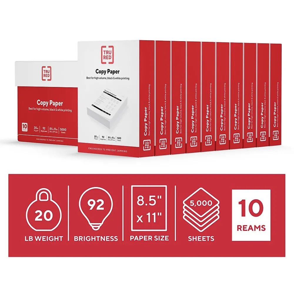 Copy Paper*TRU RED ™ 8.5" x 11" Copy Paper, 20 lbs., 92 Brightness, 500 Sheets/Ream, 10 Reams/Carton (TR56958)