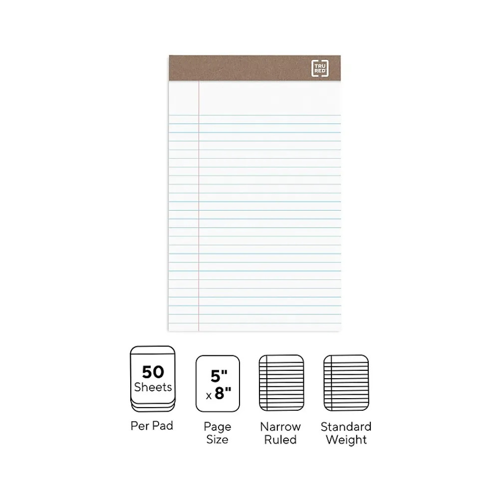 Notepads|TRU RED ™ Notepad, 5" x 8", Narrow Ruled, , 50 Sheets/Pad, Dozen Pads/Pack (TR58181) White