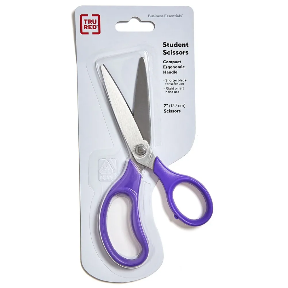 Scissors|TRU RED ™ Student 7" Stainless Steel Scissors, Straight Handle, Right & Left Handed, Assorted Colors (TR55048)