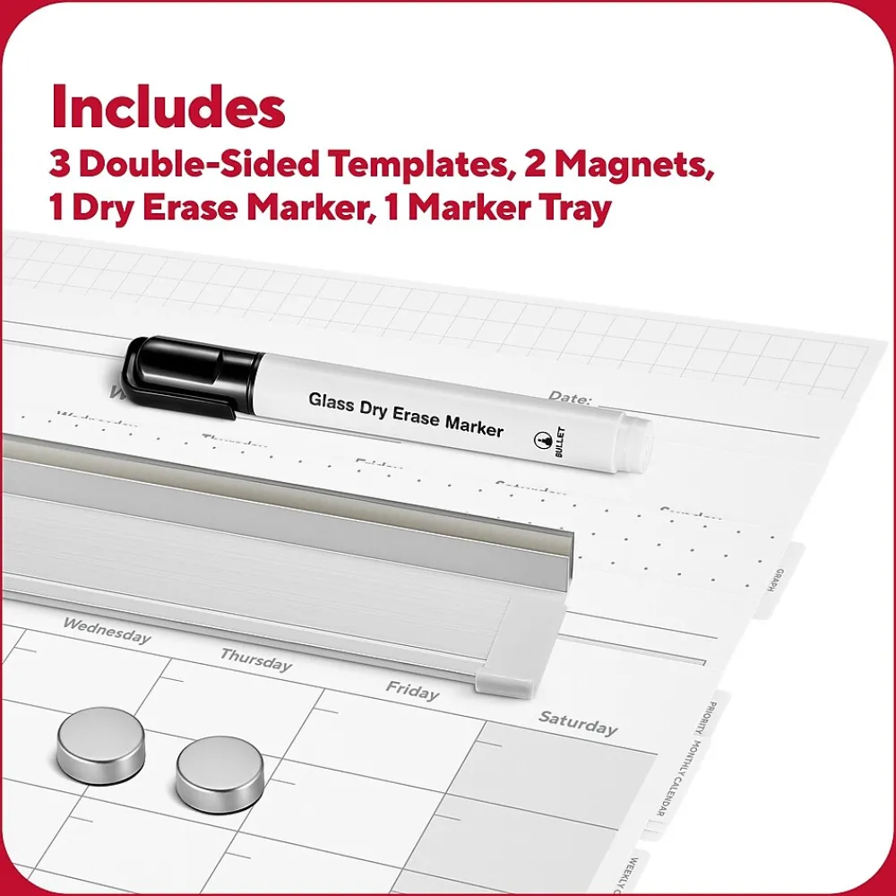 Dry Erase*TRU RED ™ Templated Magnetic Glass Dry-Erase Whiteboard, 3' x 2' (TR62139)