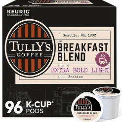 Tully's Breakfast Blend Extra Bold Coffee, Keurig K-Cup Pod, Light Roast, 96/Carton (192719CT)