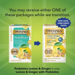 Twinings Probiotics Lemon and Ginger Herbal Tea Bags, 18/Box (F16483)