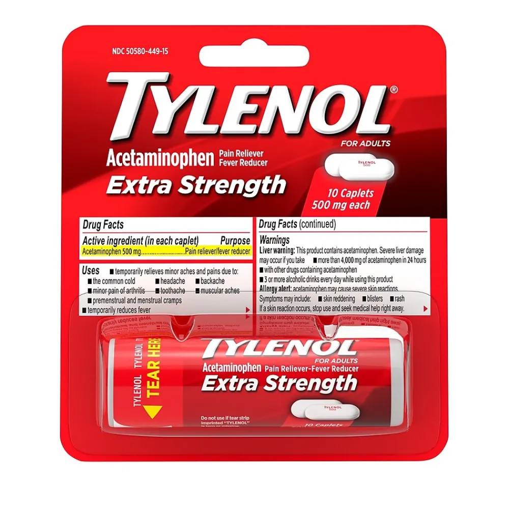 Extra Strength Caplets, Fever Reducer and Pain Reliever, 500 mg, 10 Count (703662)<Tylenol
