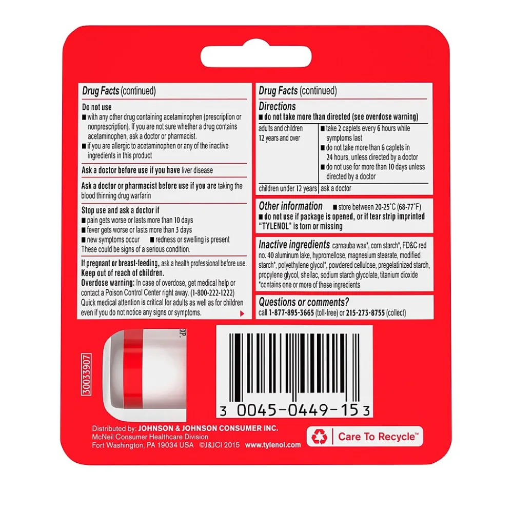 Extra Strength Caplets, Fever Reducer and Pain Reliever, 500 mg, 10 Count (703662)<Tylenol